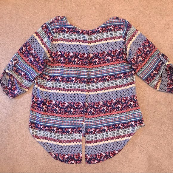 Sami Jo Printed Semi Sheer Summer Blouse Plus Size 1X Blue Pink High Low Hemline - Picture 3 of 10
